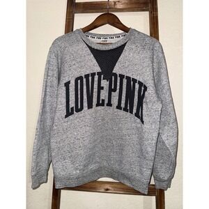 PINK Victorias Secret Grey Love Pink Mesh Inset Crewneck Sweatshirt XS Comfy